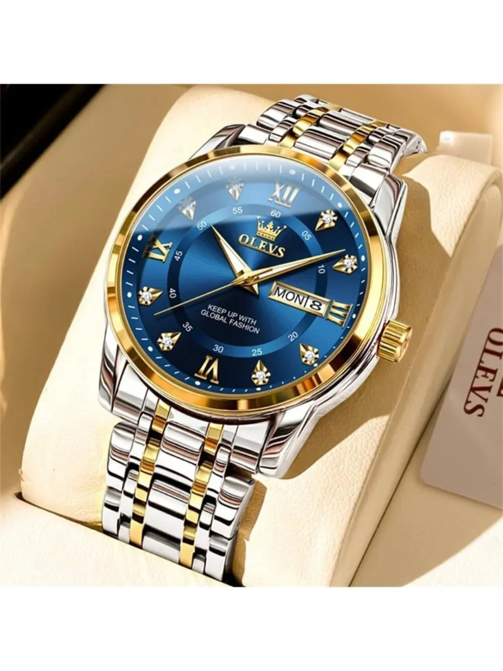 Men's Silver Blue Face Diamond Stainless Steel Band Roman Numbers Classic Watch